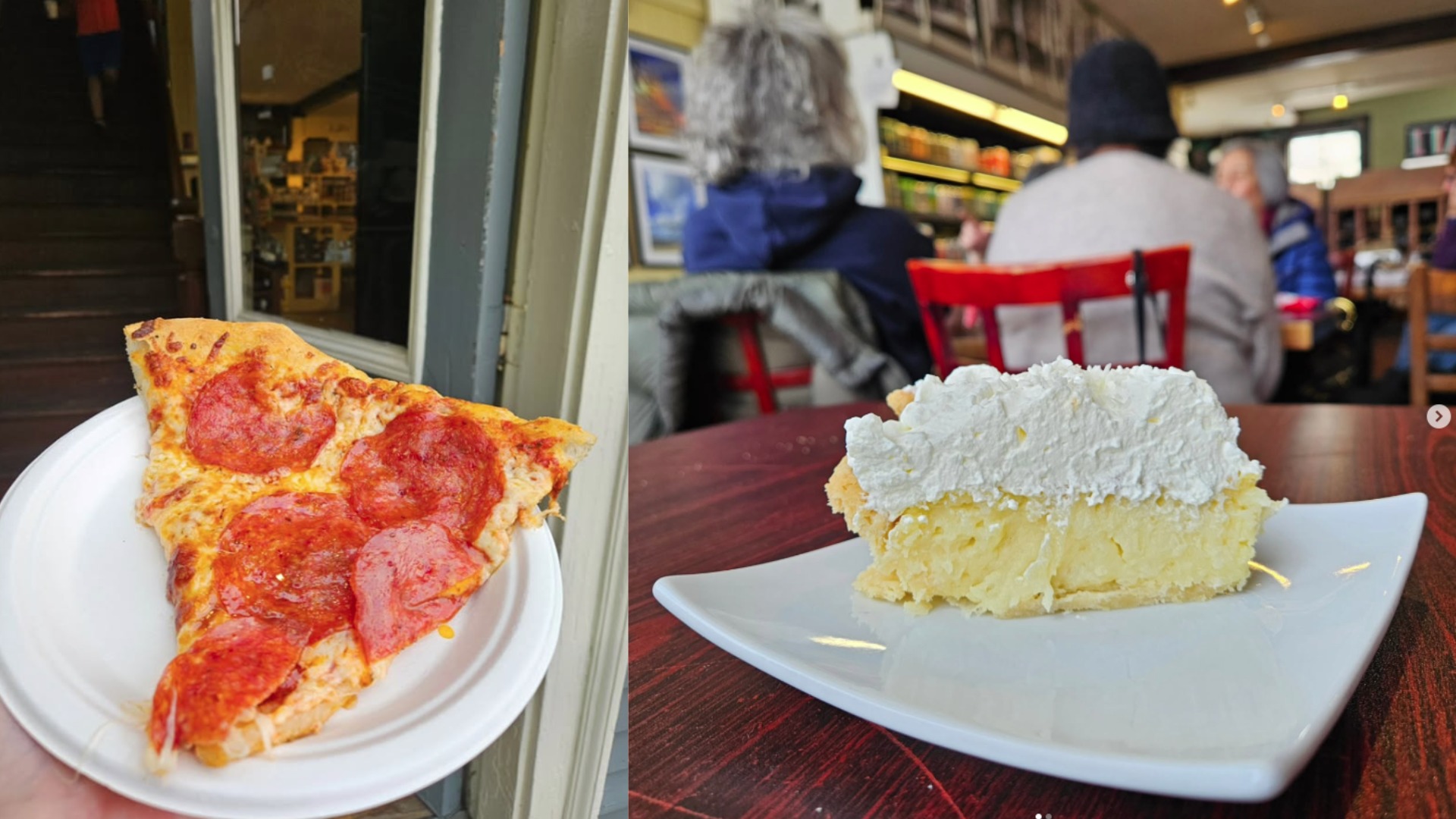 Pizza on a plate and coconut cream pie