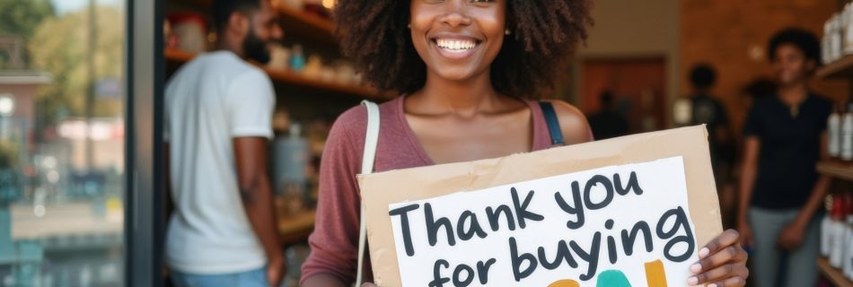 A Black woman stands in front of a small business storefront with a sign that reads "thank you for buying local."