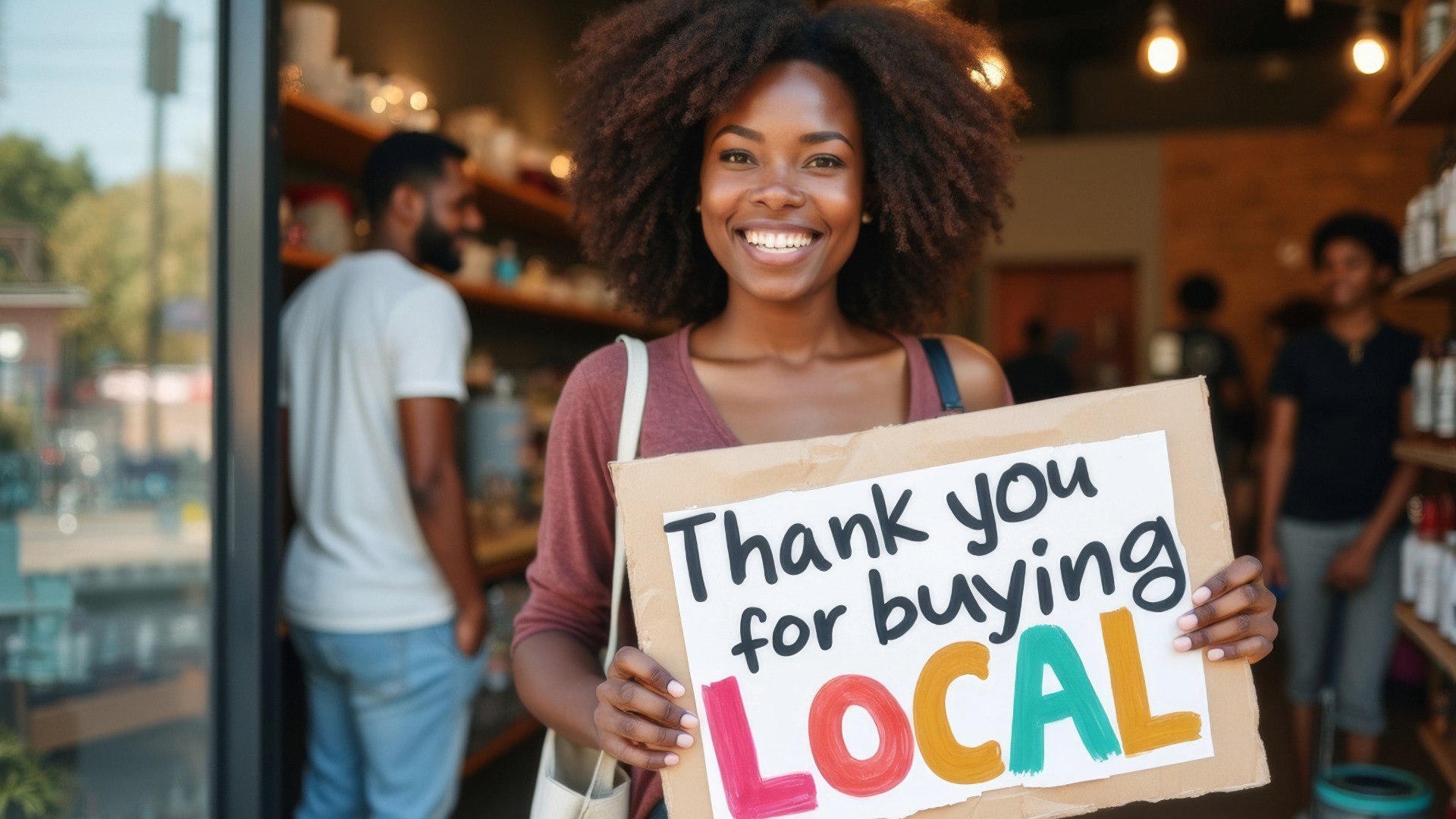 A Black woman stands in front of a small business storefront with a sign that reads "thank you for buying local."