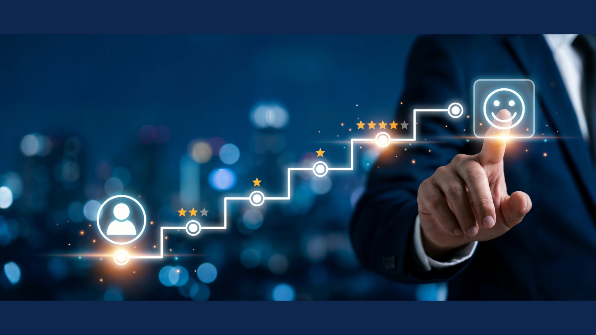 A businessman in a suit draws a digital scale with his hand to represent experiential local shopping.