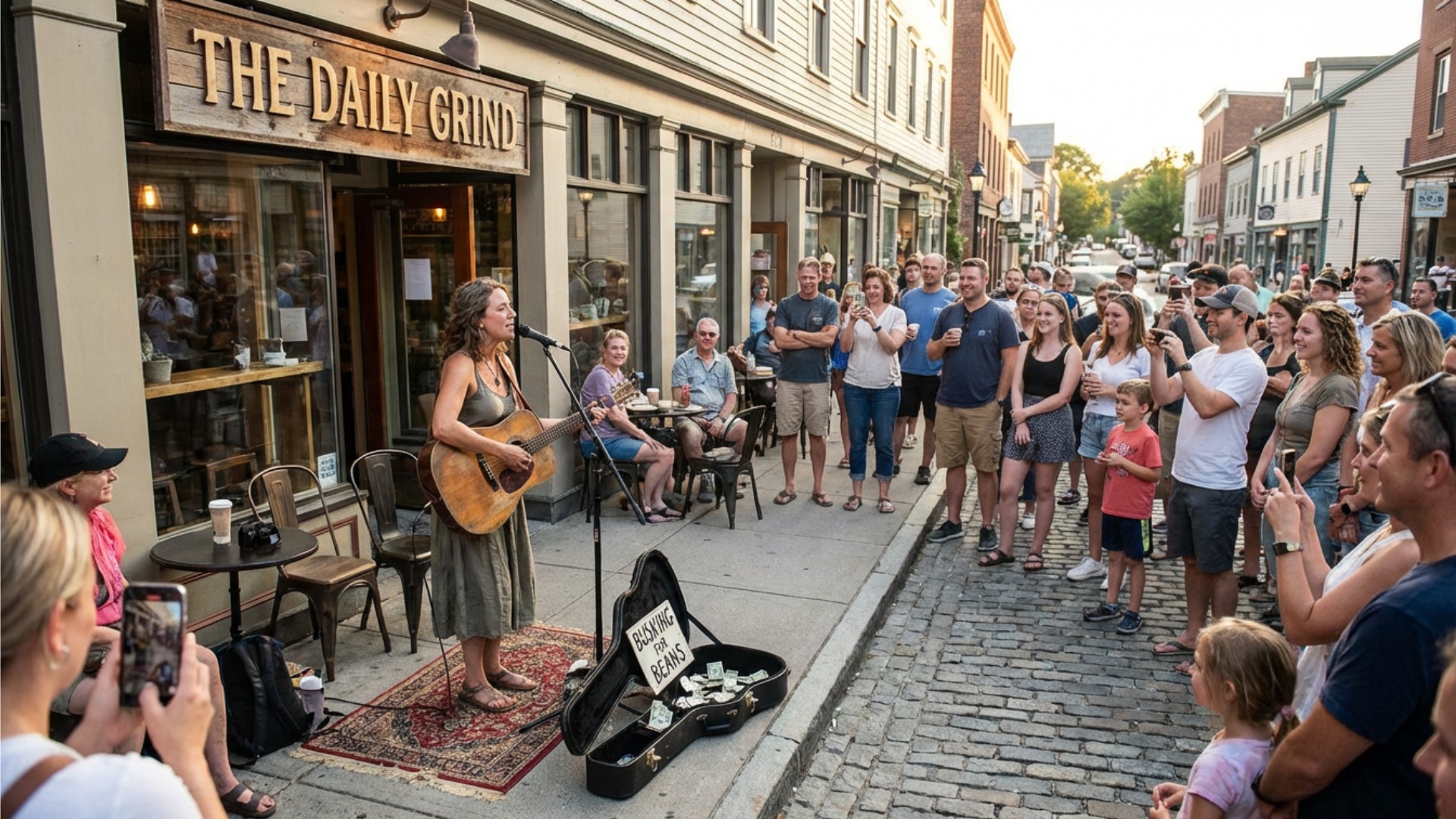 A busker plays her guitar for local shoppers outside a coffee shop