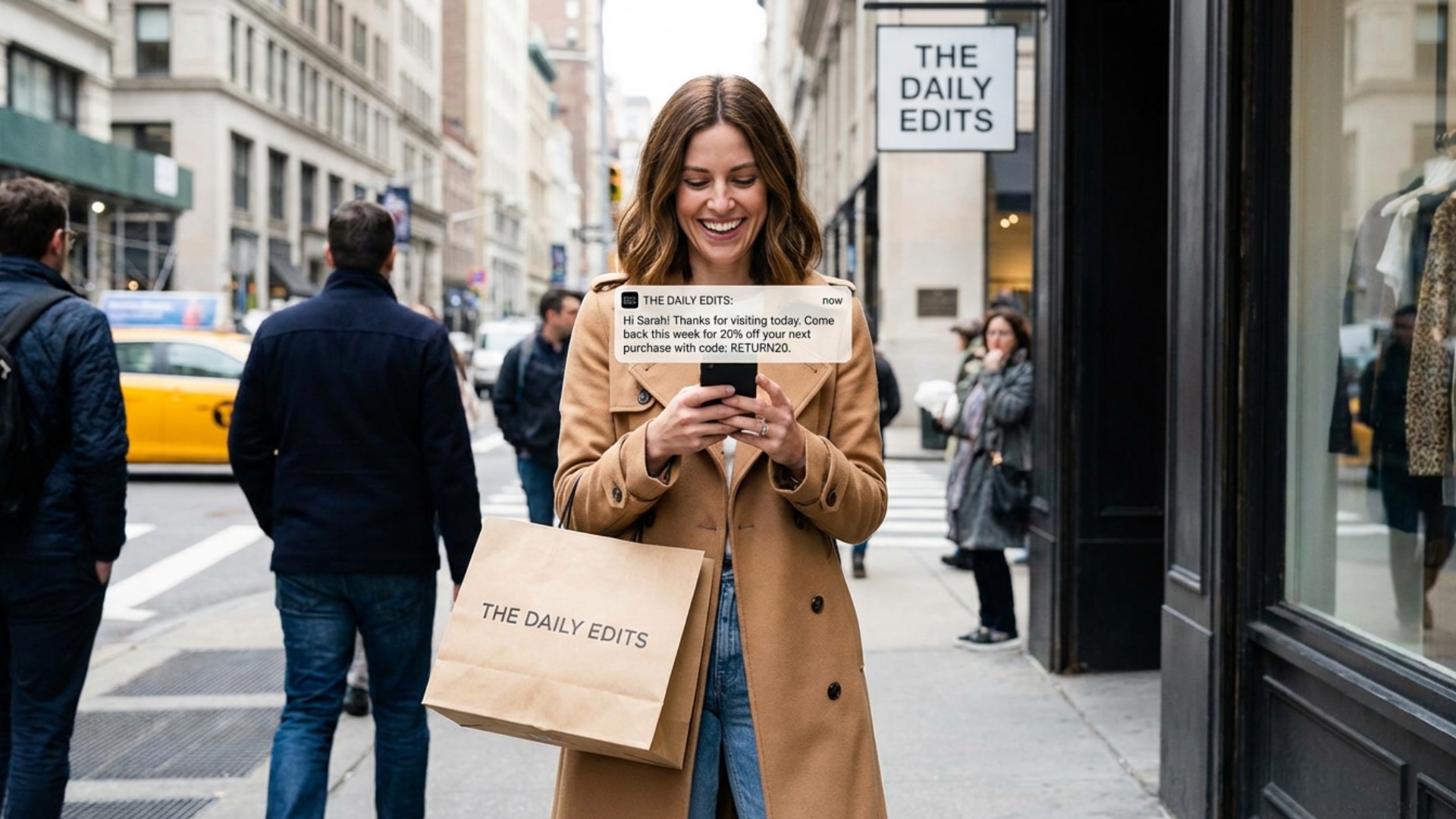A woman receives a promotional text from a local store she just visited.