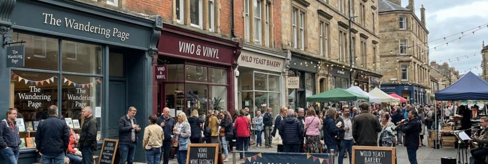 Local shopping experience with a bakery, book store and wine shop with customers lining the street.