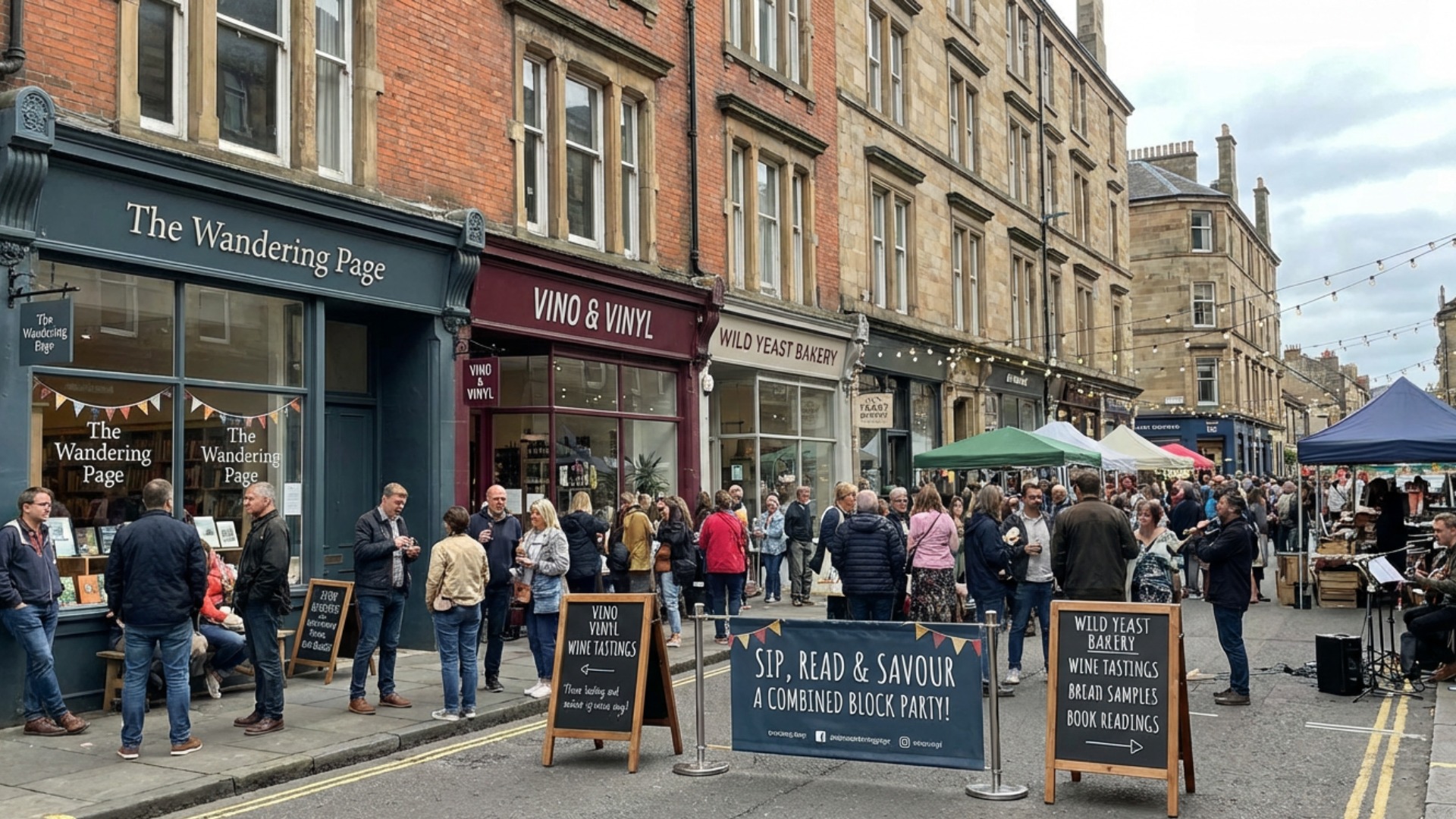 Local shopping experience with a bakery, book store and wine shop with customers lining the street.